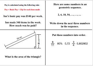 Starter activity on algebra, Pythagoras Theorem, sequences and fractions.